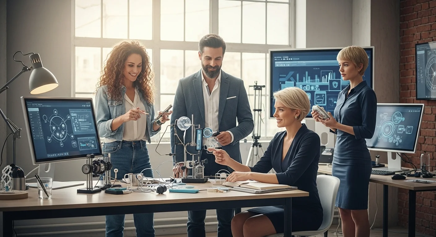 Emprendedores colaborando en una startup de health-tech, inspirados por un congreso de terapia.