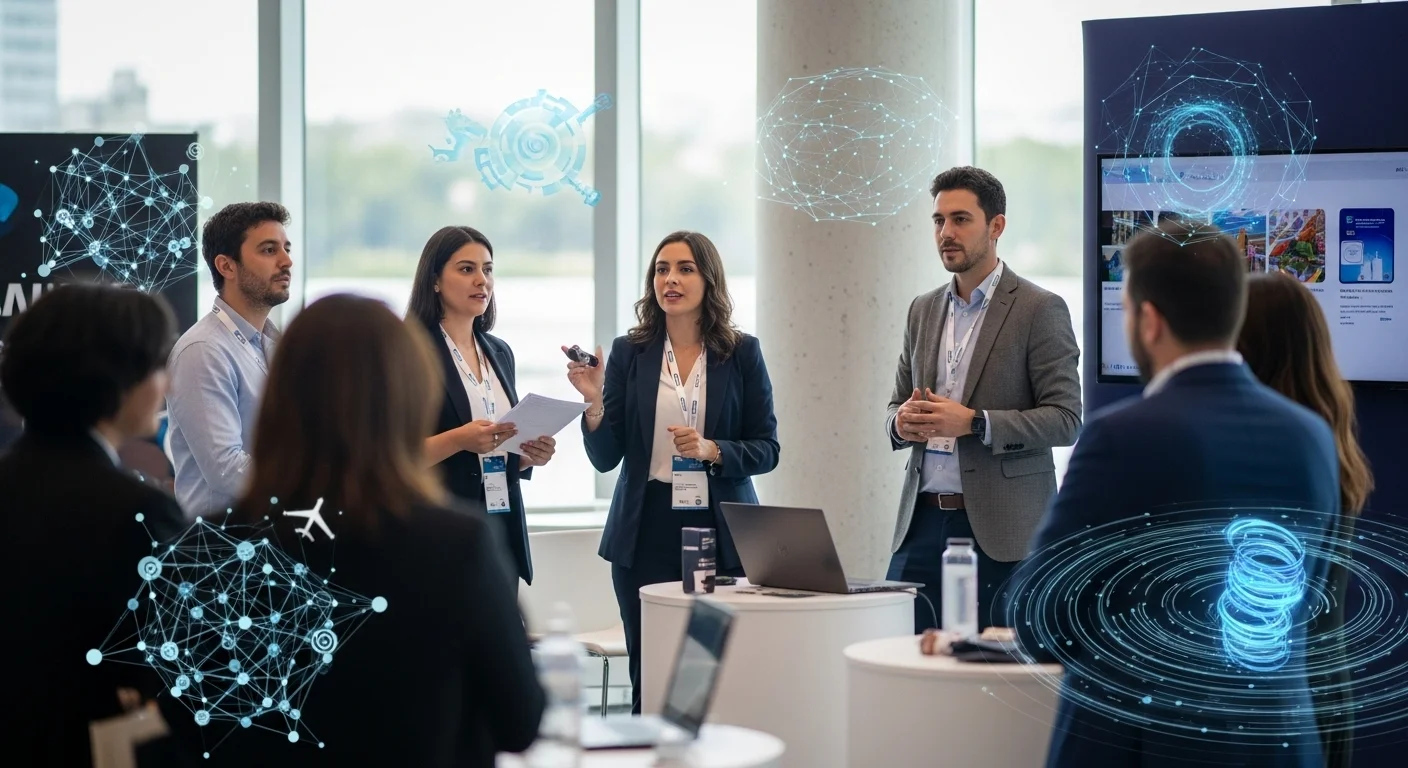 Emprendedores presentando su startup en un congreso de turismo, con gráficos de innovación y networking.