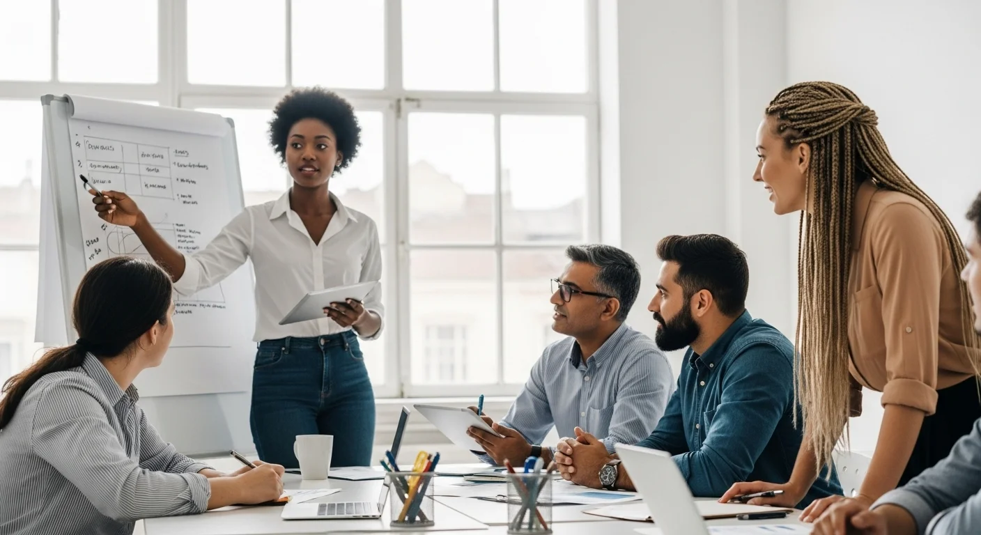Un grupo diverso de emprendedores colaborando en una oficina moderna, simbolizando la creación de una empresa y el espíritu del emprendimiento de startups.
