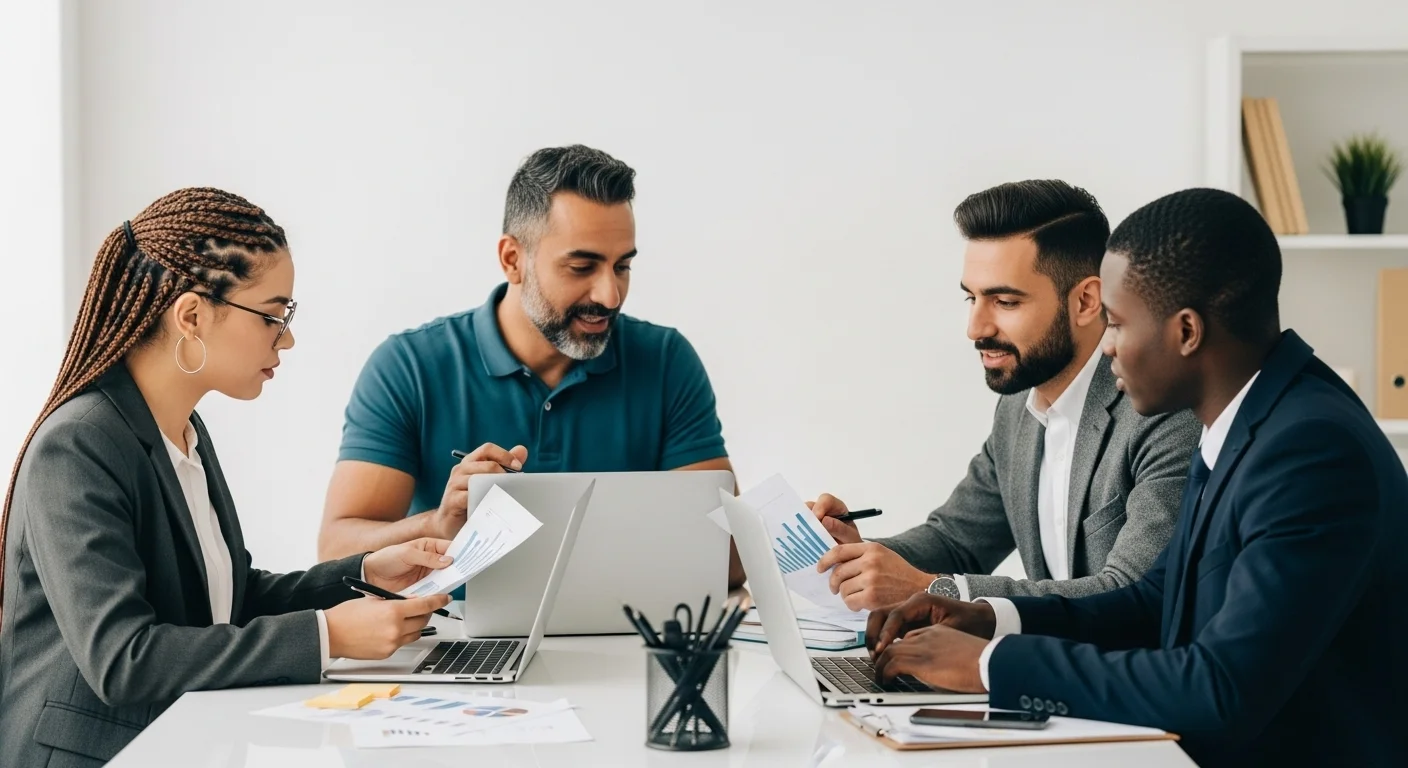 Equipo de emprendedores en una oficina moderna discutiendo estrategias para crear una empresa en México.