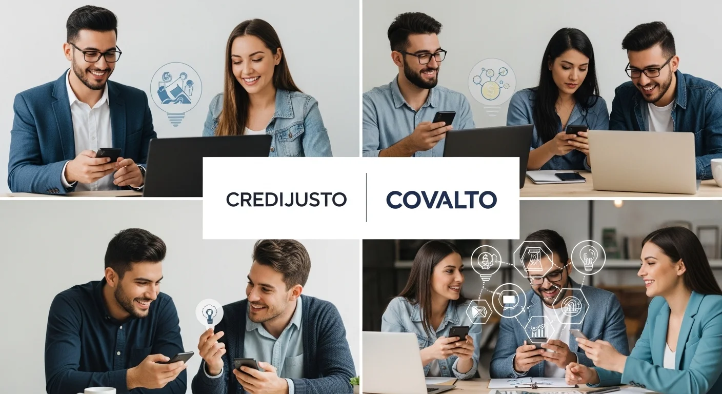 Collage de imágenes que representa el emprendimiento y las startups, con los logos de Credijusto y Covalto en el centro.