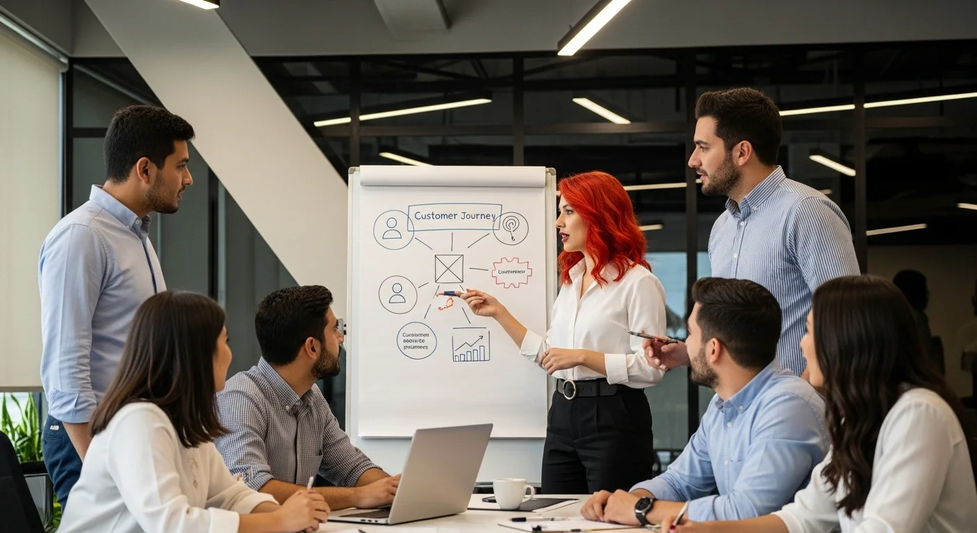 Equipo de una startup mexicana colaborando en una estrategia de Customer Experience en una oficina moderna.
