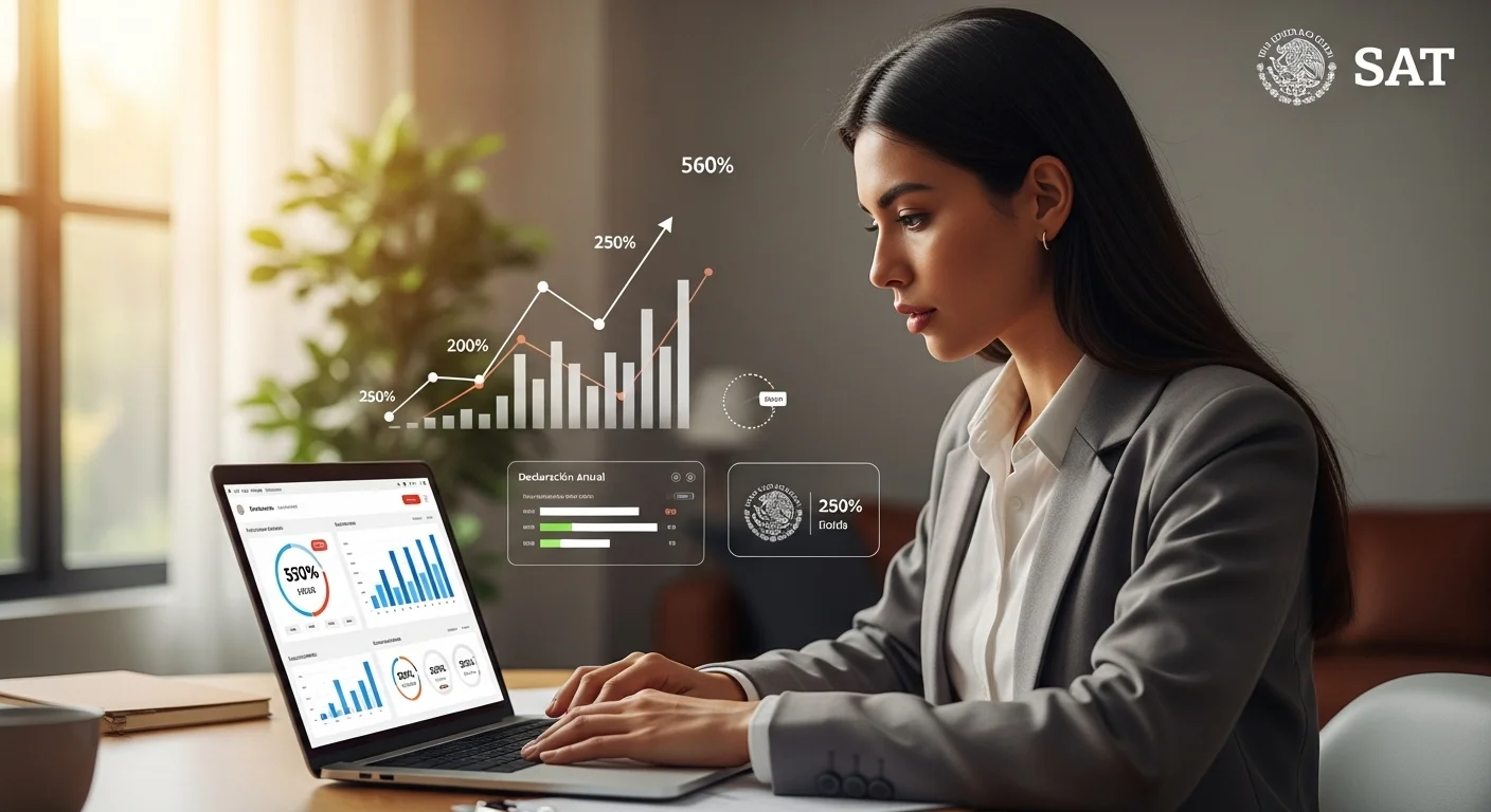 Emprendedor trabajando en su laptop realizando la declaración anual, con gráficos de crecimiento y logos del SAT de fondo, representando el éxito de su startup.
