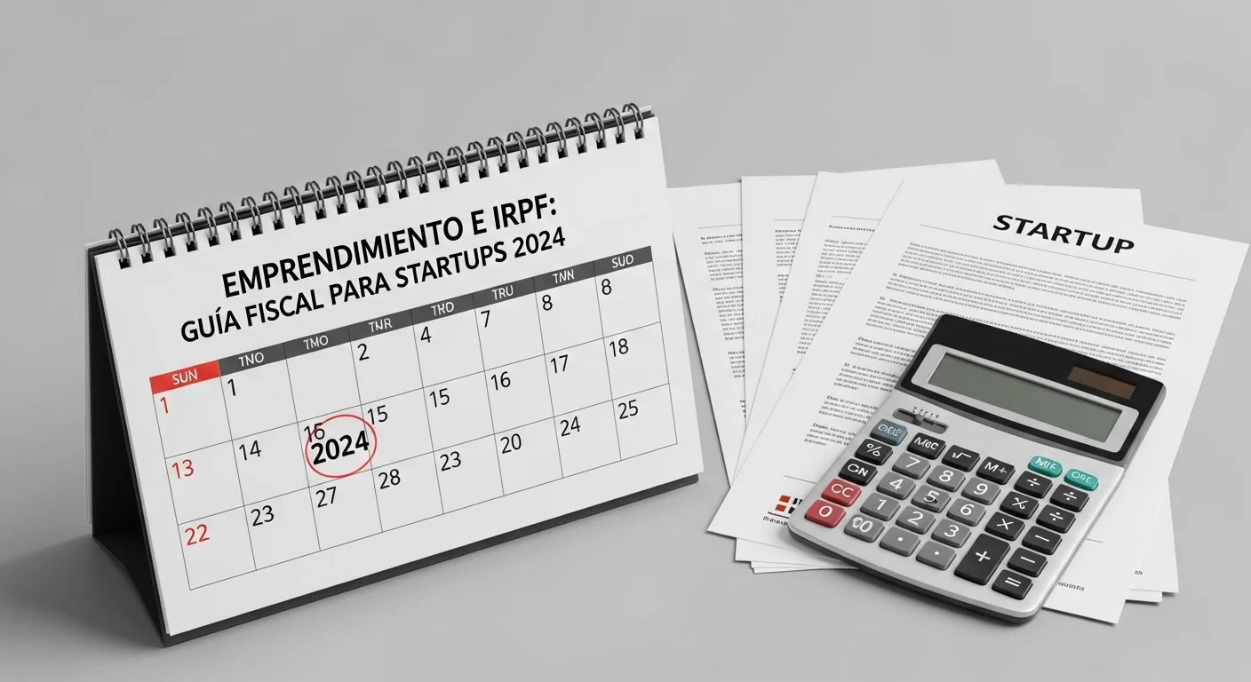 Primer plano de un calendario marcando la fecha límite de la declaración irpf 2024, con una calculadora y documentos de una startup al lado.