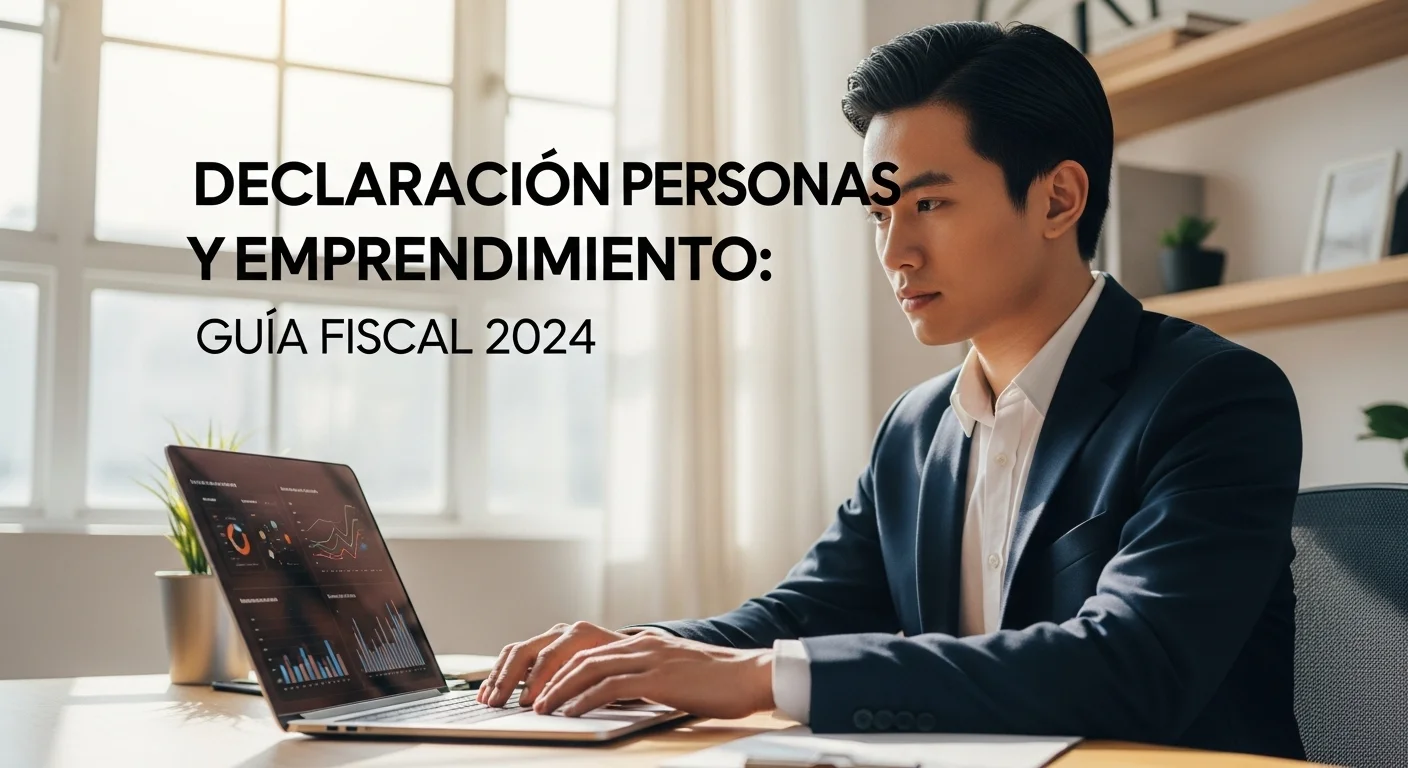 Emprendedor trabajando en laptop con gráficos de finanzas, simbolizando la declaración de personas y el emprendimiento.