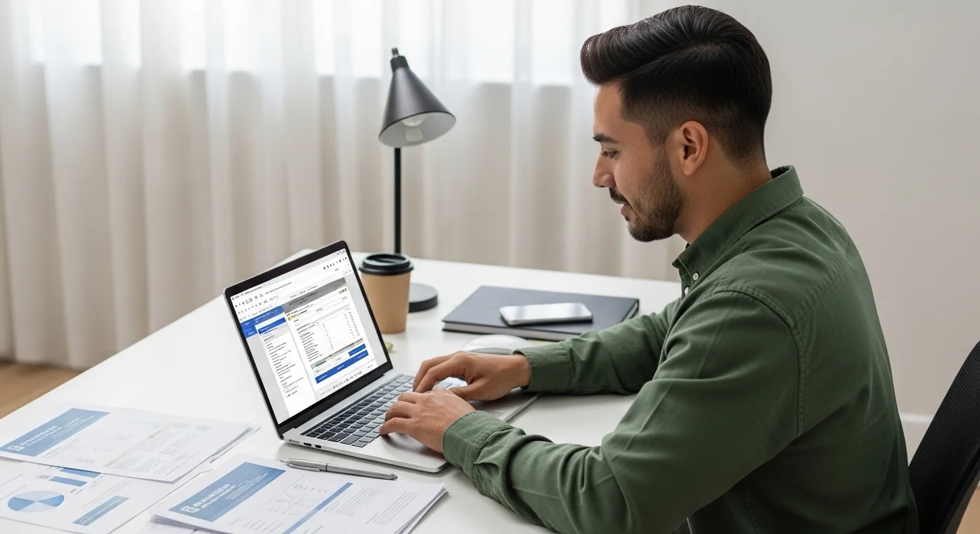Emprendedor trabajando en su laptop, calculando impuestos y preparando la declaración de la renta 2024 para su negocio.