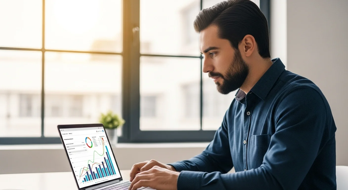 Emprendedor analizando su declaracion de renta en una laptop con gráficos de crecimiento de su startup.