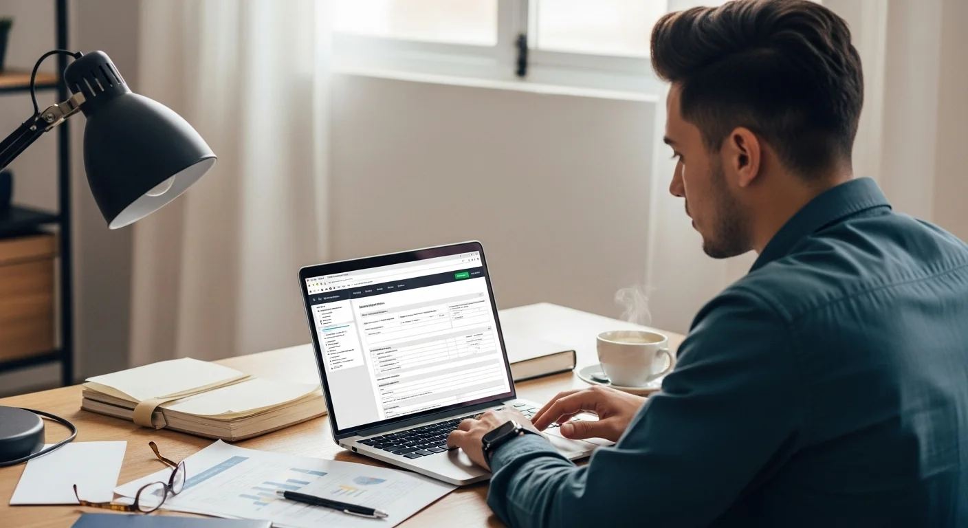 Emprendedor utilizando una laptop para realizar su declaración de renta online, con documentos y una taza de café sobre el escritorio.