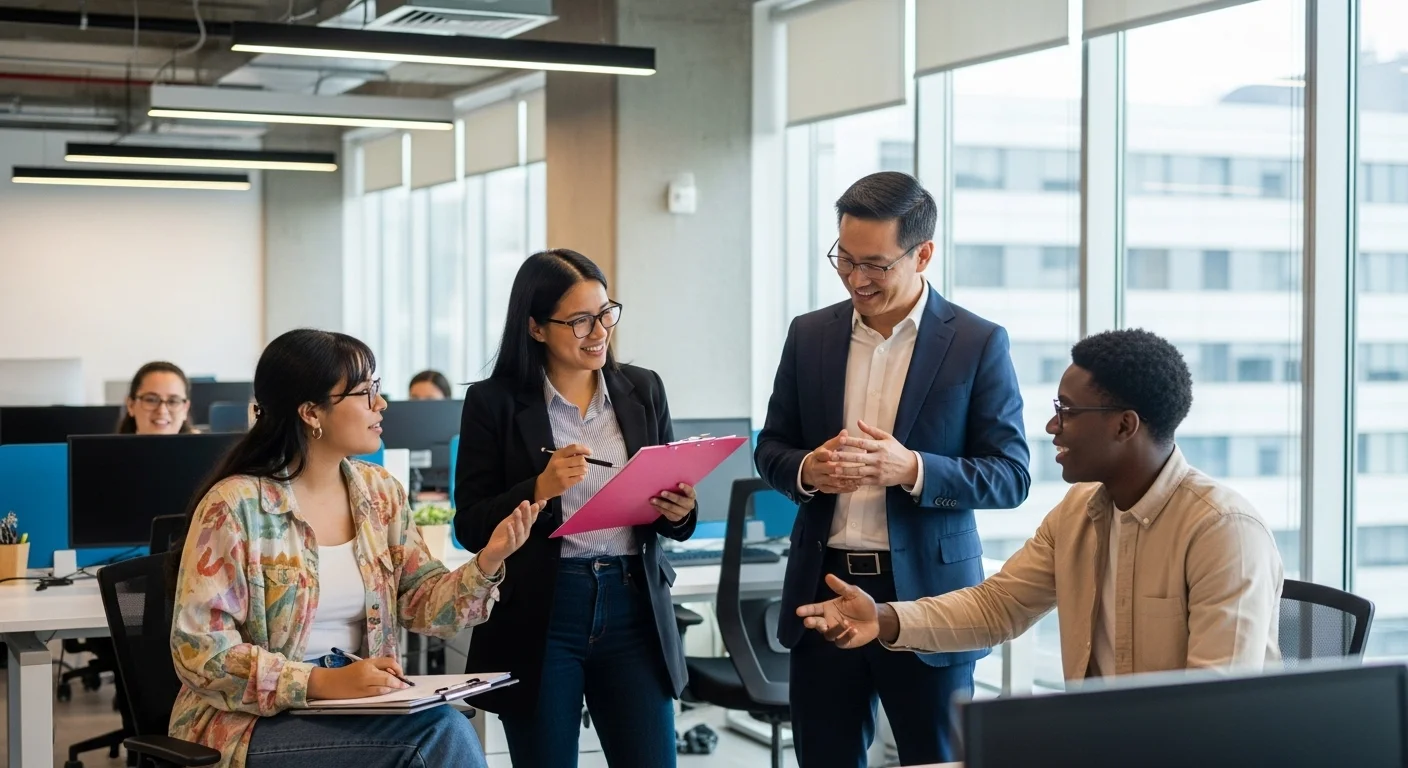 Un grupo diverso de emprendedores colaborando en una oficina moderna en México, discutiendo sobre la definición de emprendimiento y planeando su estrategia de transformación digital.