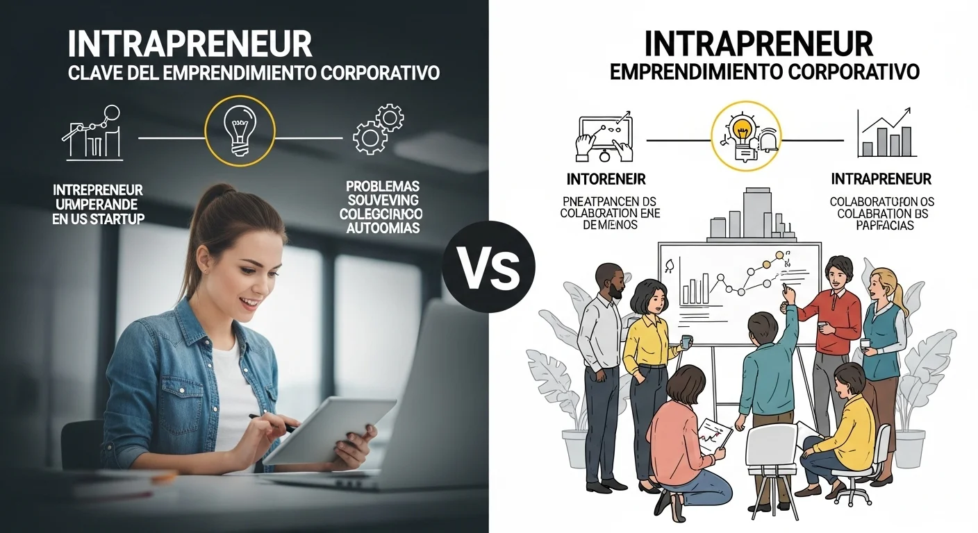 Infografía comparando las características de un entrepreneur trabajando en su startup y un intrapreneur colaborando dentro de una gran empresa.