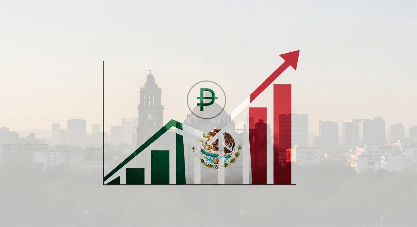 Una gráfica ascendente con el símbolo de peso mexicano sobre un fondo que muestra la silueta de la Ciudad de México, simbolizando el crecimiento del emprendimiento y las startups.