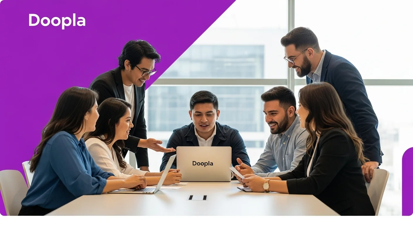 Emprendedores mexicanos en una reunión de trabajo analizando opciones de financiamiento fintech como Doopla para su startup.