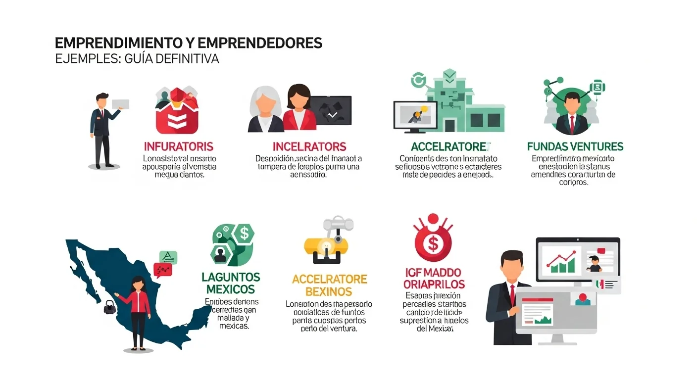 Infografía del ecosistema de emprendimiento, destacando incubadoras, aceleradoras y fondos de capital en México