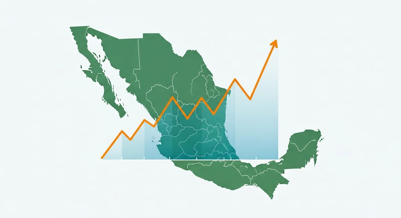 Gráfica ascendente sobre un mapa de México, representando el crecimiento del Venture Capital y el financiamiento para startups en el país.