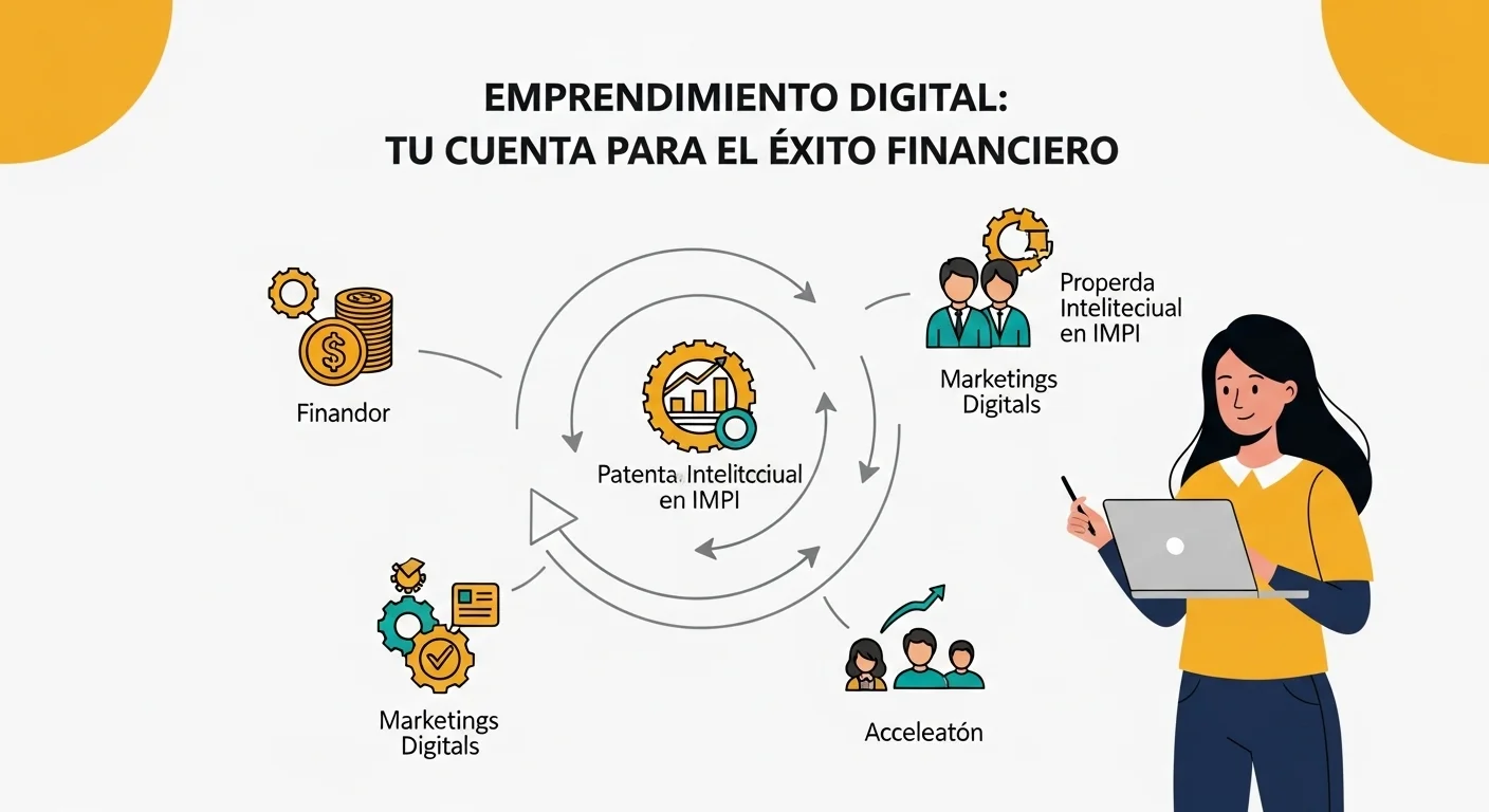 Infografía sobre el ecosistema emprendedor, con iconos de financiamiento, patentes del IMPI, marketing digital y redes de apoyo como incubadoras y aceleradoras.