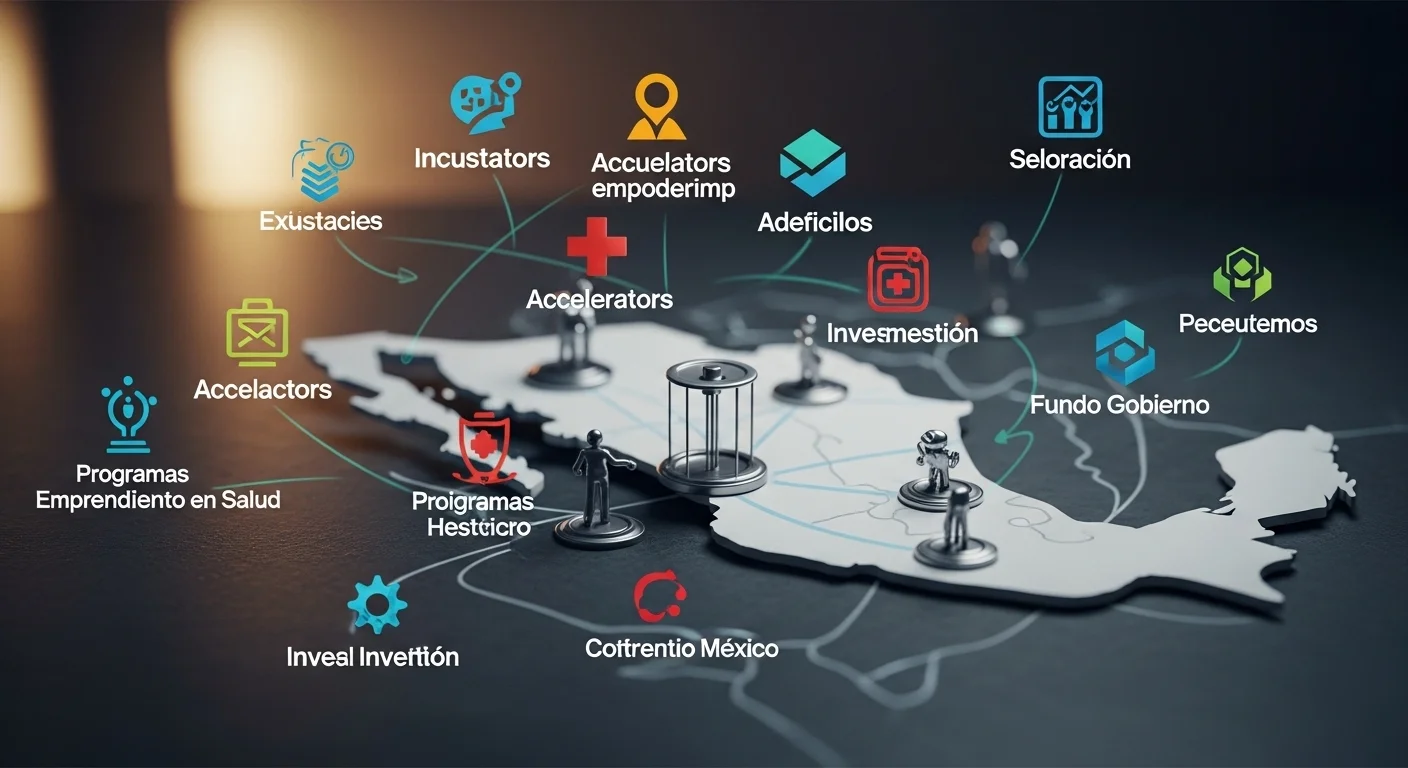 Mapa conceptual con iconos de incubadoras, aceleradoras, fondos de inversión y programas de gobierno, enfocados en el sector salud en México.