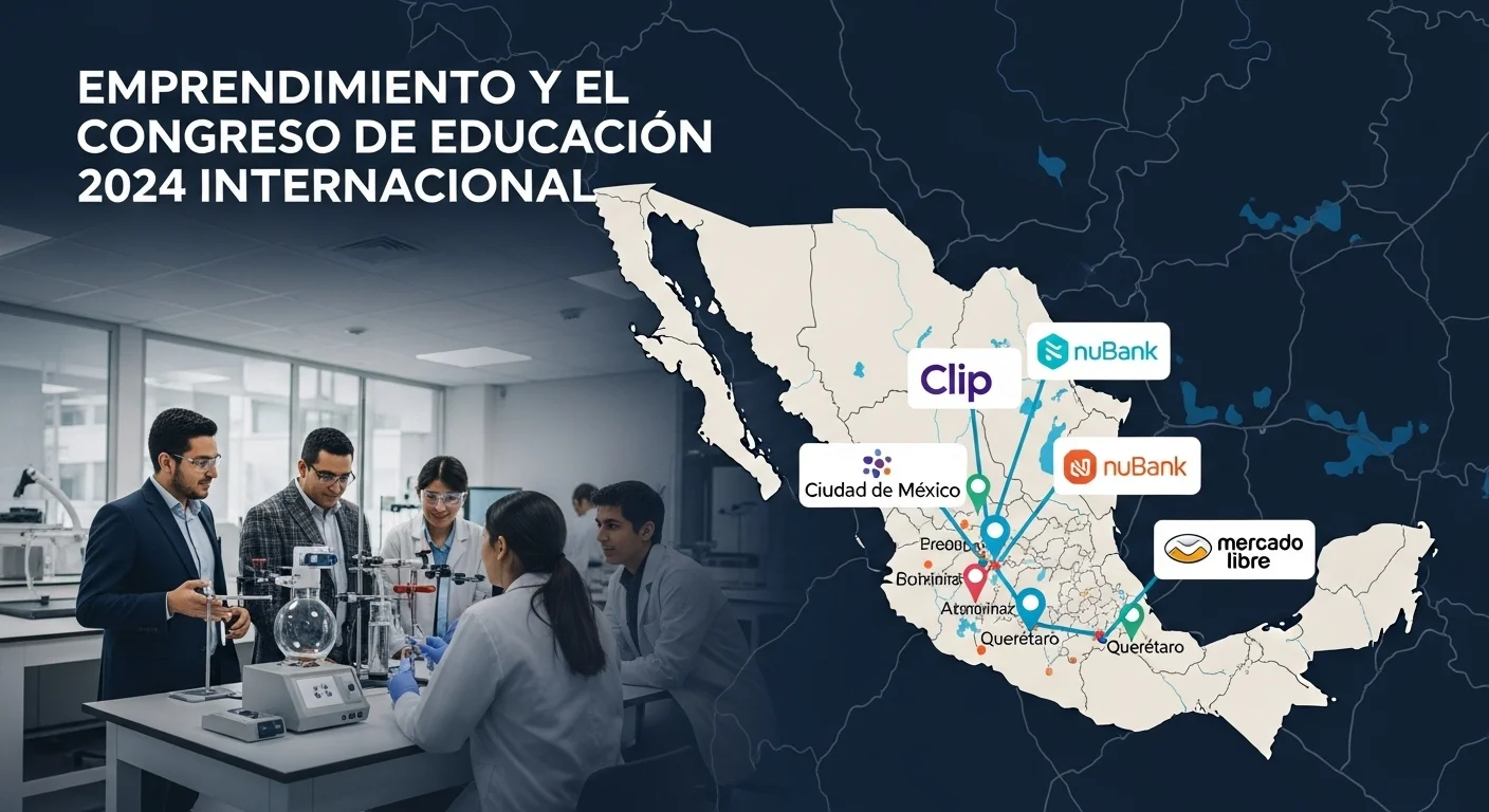 Montaje de imágenes que muestra a estudiantes universitarios en un laboratorio, un mapa de México destacando centros de innovación y logos de startups mexicanas exitosas.