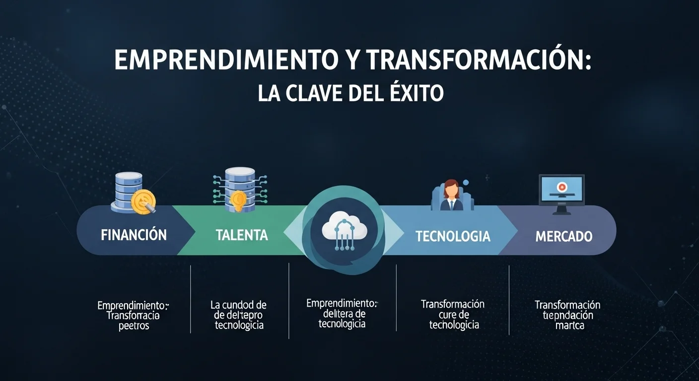 Una infografía mostrando los pilares del emprendimiento tecnológico: financiamiento, talento, tecnología y mercado, con íconos de transformación tecnológica, data center y servicios de transformación.