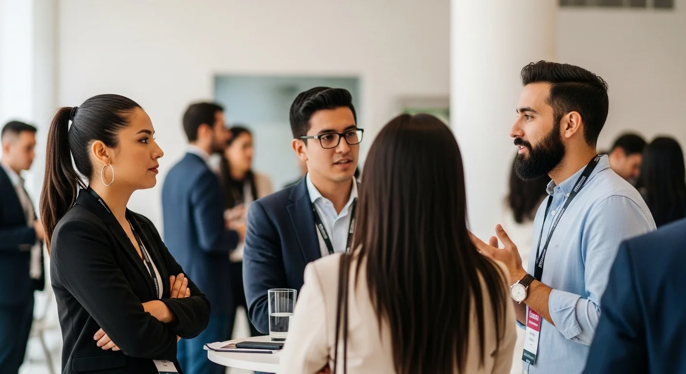 Grupo de emprendedores mexicanos en un evento de networking, discutiendo ideas para startups, mostrando la colaboración en el ecosistema de emprendimiento.