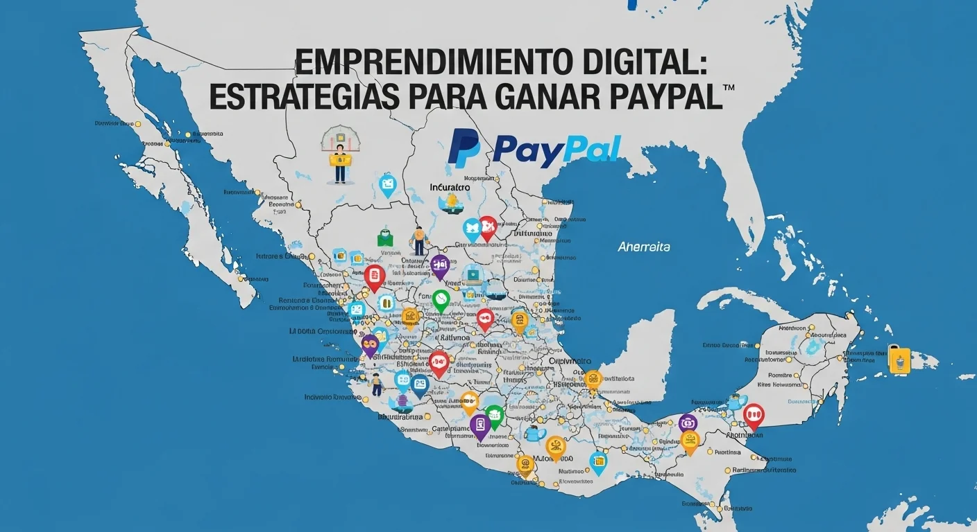 Mapa de México con iconos que representan incubadoras, aceleradoras y financiamiento, conectado al logo de PayPal, ilustrando las oportunidades para startups.