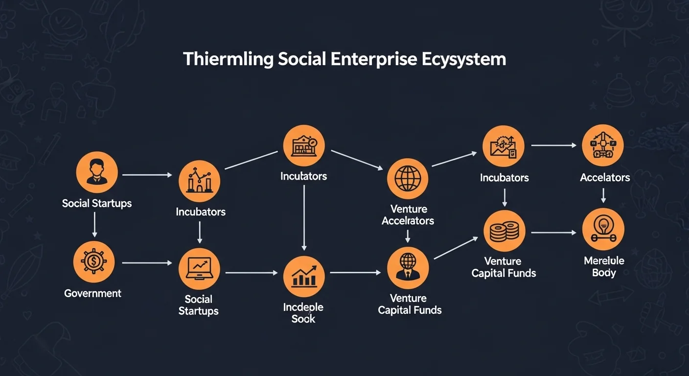 Infografía del ecosistema de emprendimiento social, mostrando la interacción entre startups, incubadoras, aceleradoras, fondos de inversión y gobierno.