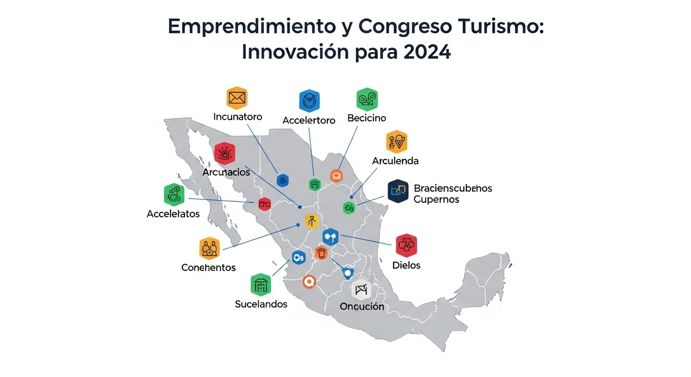 Mapa del ecosistema de emprendimiento turístico en México, mostrando incubadoras, aceleradoras y apoyos gubernamentales.