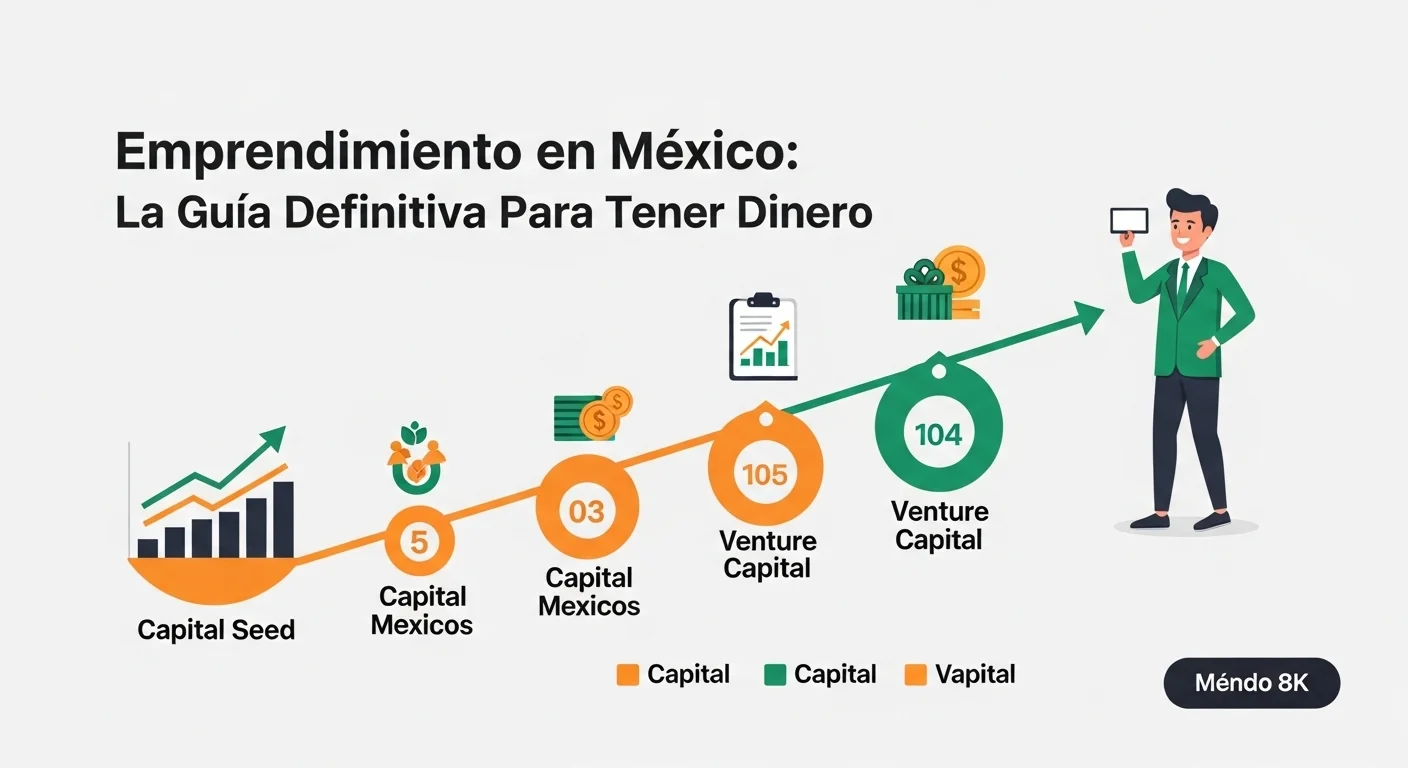 Infografía del ecosistema de financiamiento para startups en México, mostrando incubadoras, aceleradoras y fondos de venture capital.