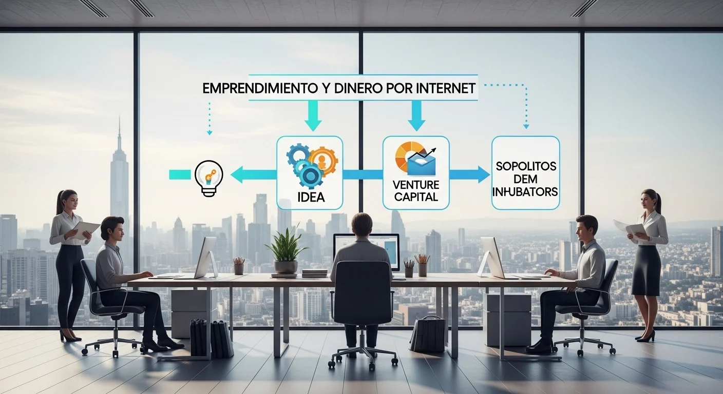 Imagen conceptual del ecosistema de financiamiento en México, mostrando un diagrama de flujo desde una idea hasta Venture Capital y el apoyo de incubadoras.
