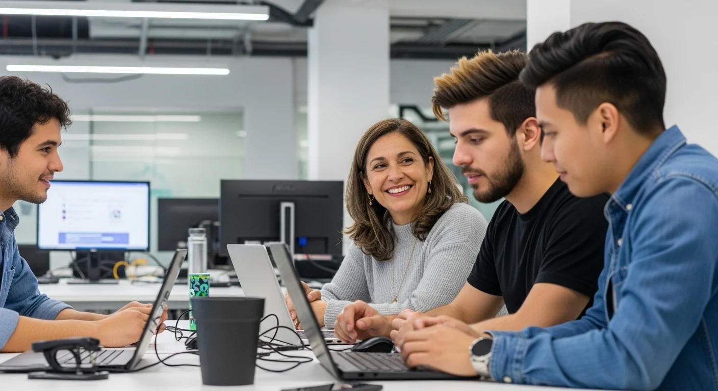 Mesa de trabajo colaborativa en una aceleradora de negocios en México, con desarrolladores trabajando en seguridad para el IoT.
