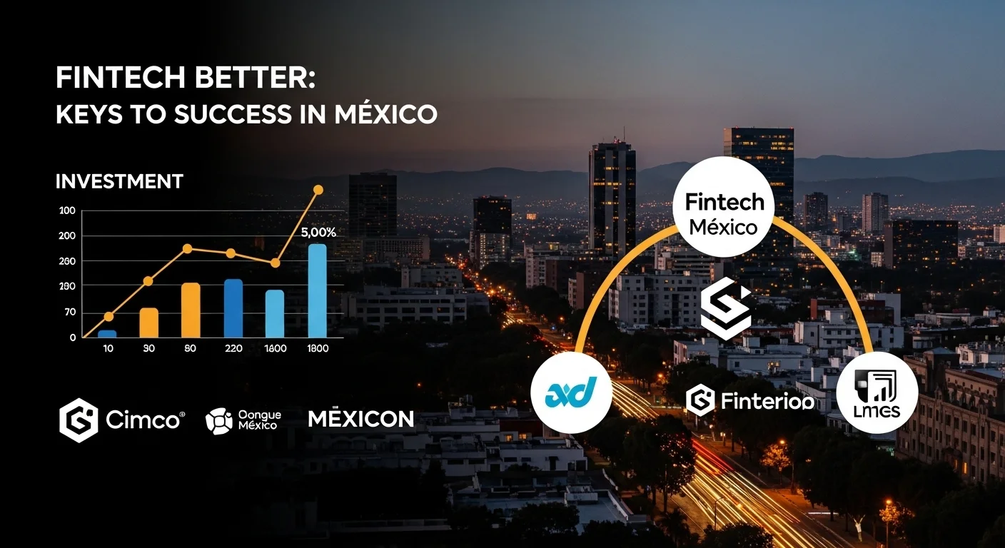 Infografía que muestra el crecimiento del ecosistema Fintech en México, con gráficos de inversión y logos de startups, destacando la tecnología y la innovación.
