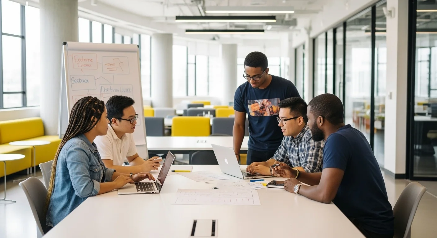 Un grupo diverso de jóvenes emprendedores colaborando en un espacio de coworking moderno en la Ciudad de México, representando el vibrante ecosistema de startups.