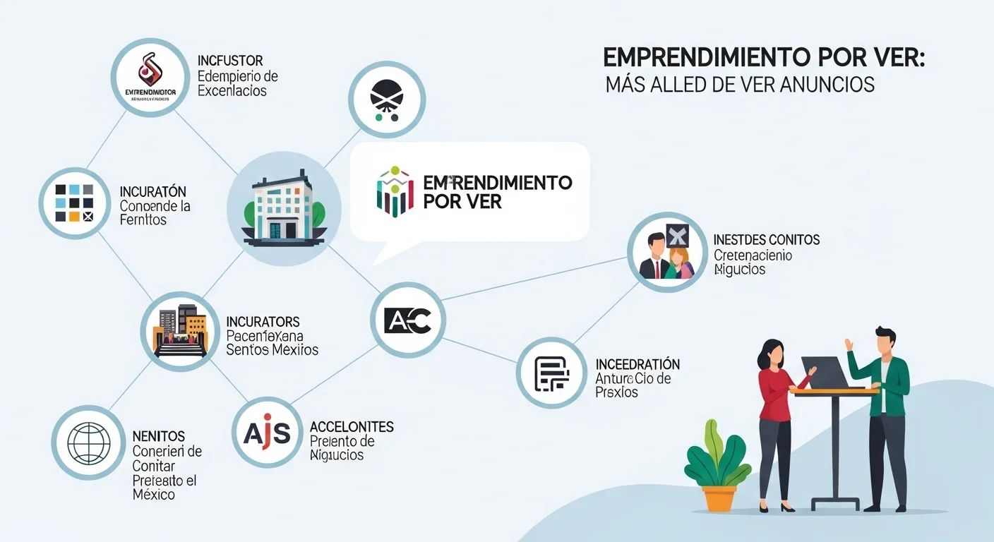Infografía mostrando el ecosistema de startups en México, con logos de incubadoras, aceleradoras y fondos de venture capital conectados a una startup central.