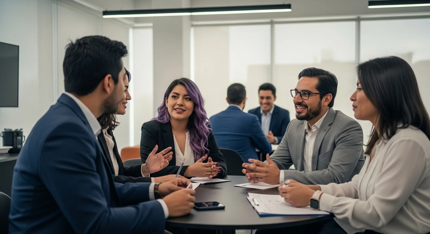 Un grupo de emprendedores mexicanos en una sesión de networking en una incubadora de negocios, discutiendo sobre financiamiento y startups.