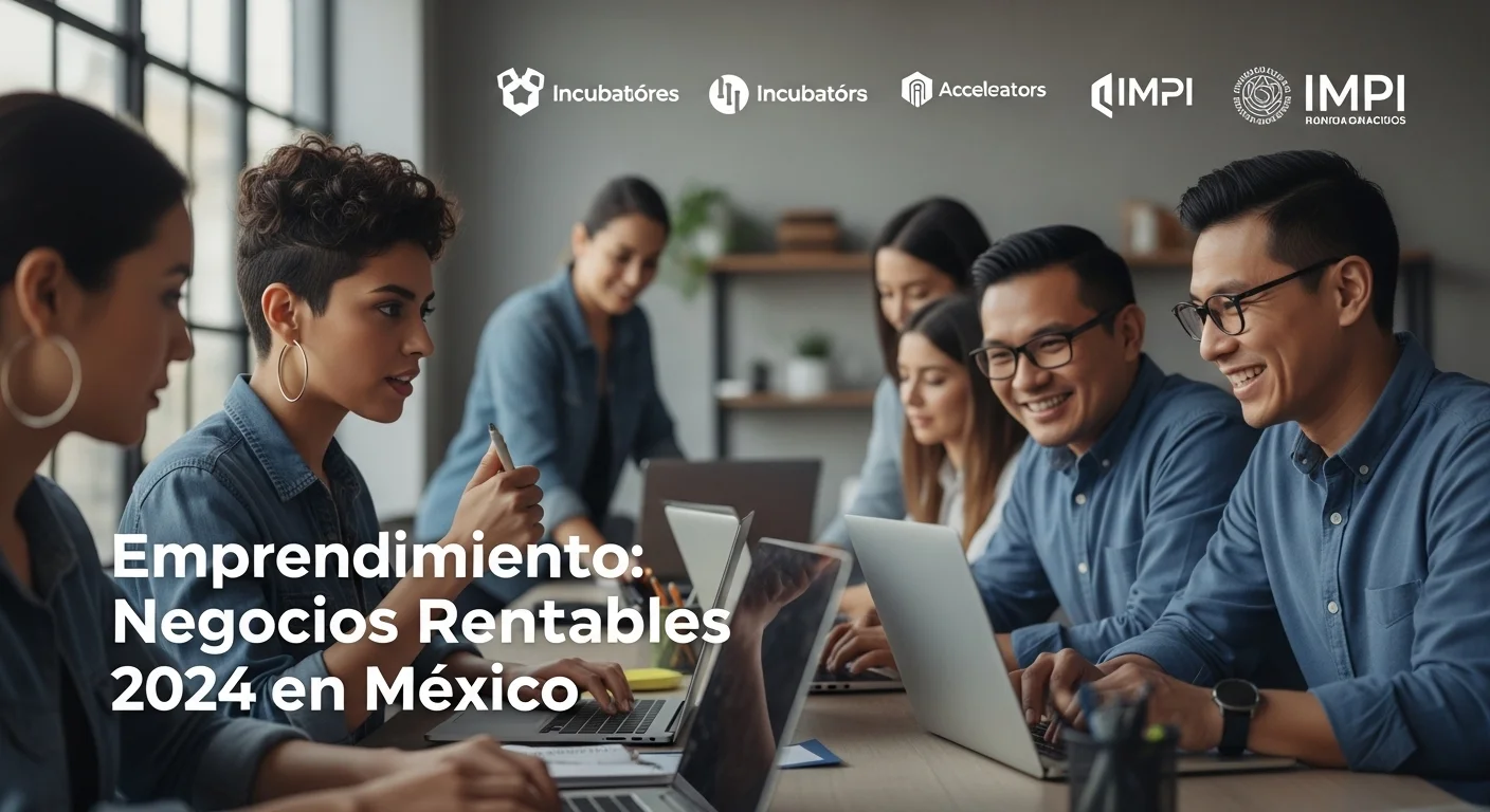 Imagen que representa el ecosistema de startups en México, con logos de incubadoras, aceleradoras y el IMPI, mostrando la colaboración y el apoyo al emprendimiento.
