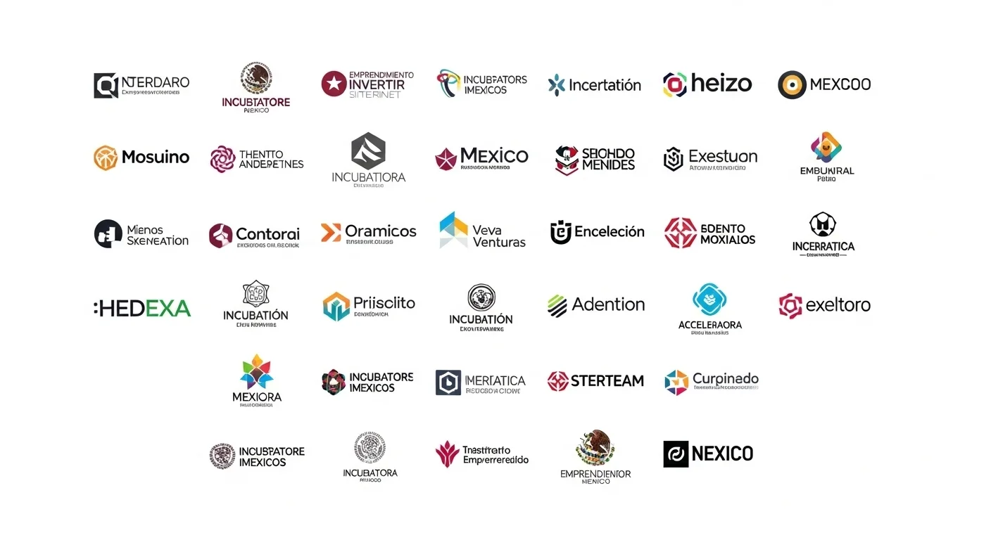Un collage de logos de incubadoras, aceleradoras y programas de apoyo al emprendimiento en México.
