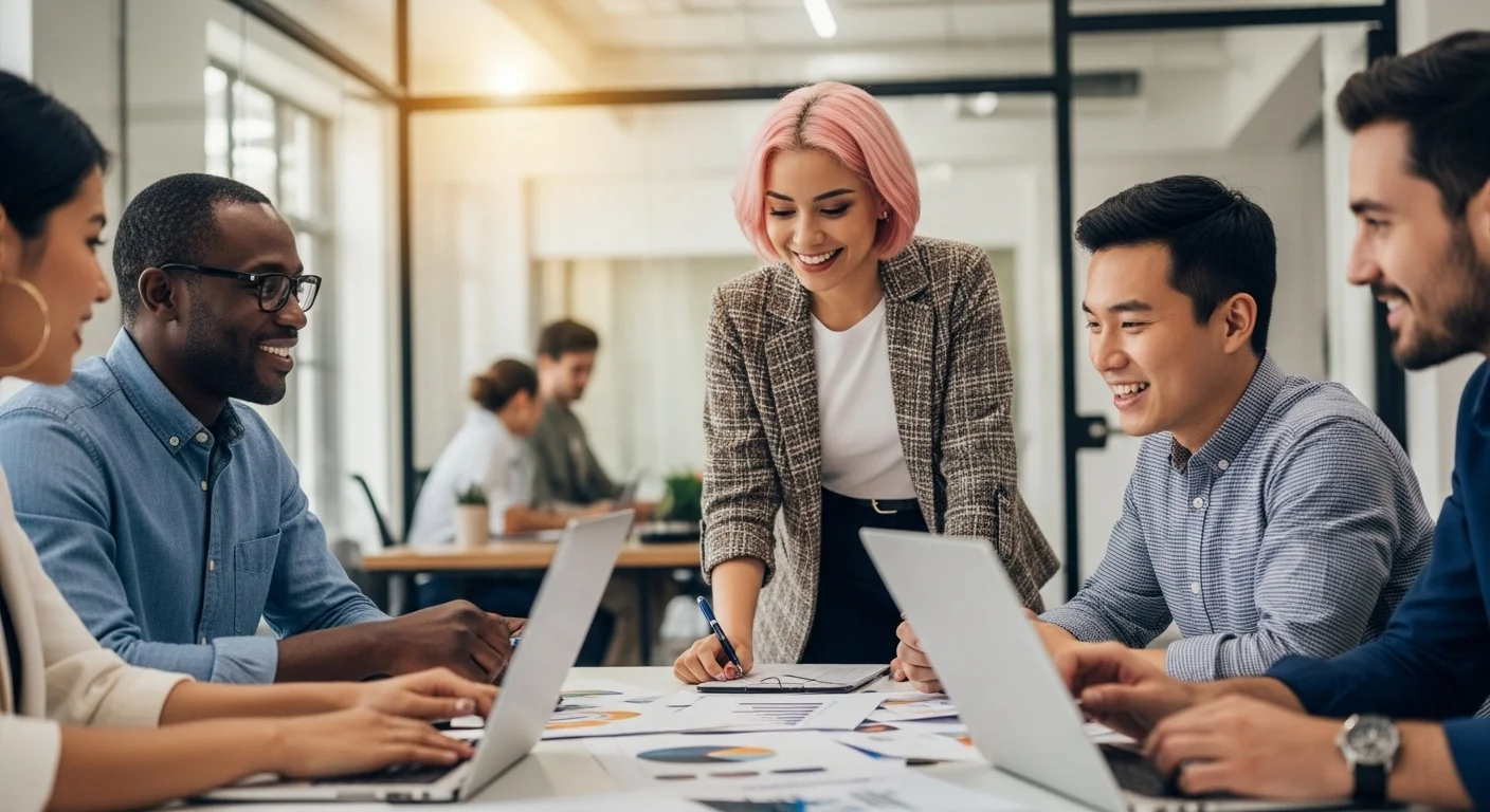 Equipo diverso de una startup en México colaborando en una oficina moderna, discutiendo ideas para abrir un negocio online y acceder a ayudas.