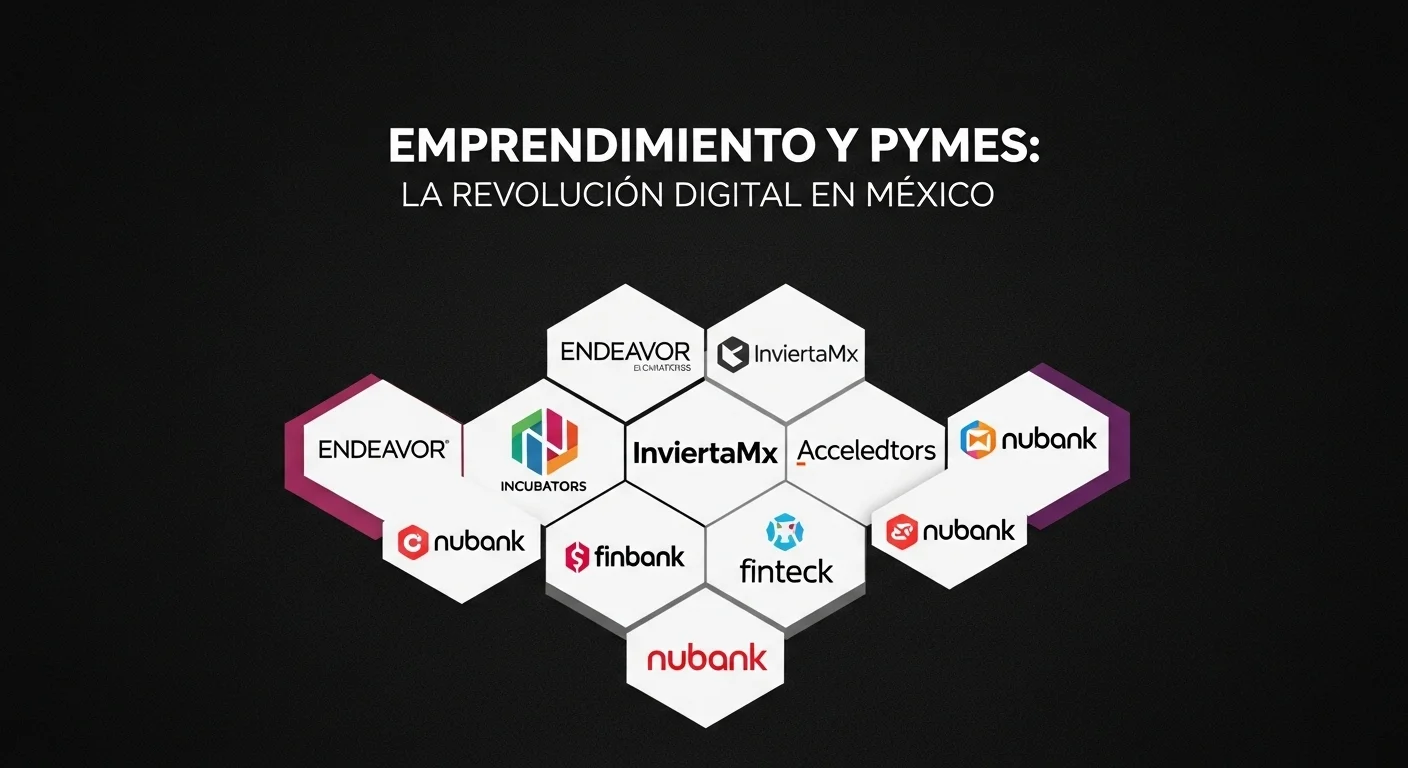Infografía con logos de incubadoras, aceleradoras y fintechs importantes en México, simbolizando el ecosistema de apoyo al emprendimiento