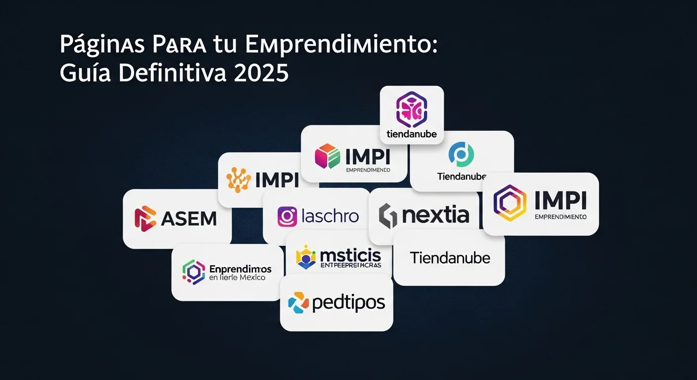 Collage de logos de plataformas de emprendimiento, inversión y herramientas digitales relevantes para el mercado mexicano, como IMPI, ASEM y Tiendanube.