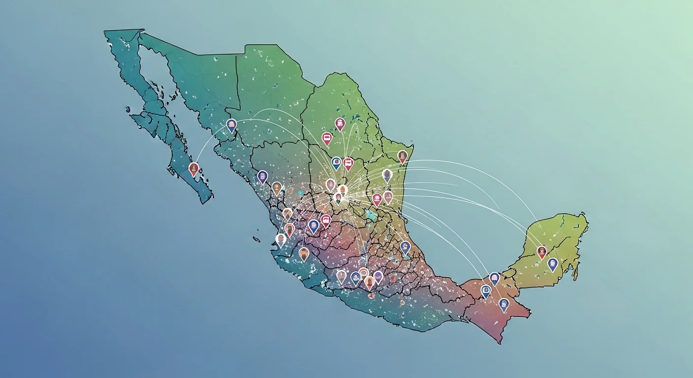 Mapa de México con nodos de conexión que representan el talento distribuido y el alcance nacional de una empresa con un modelo de trabajo híbrido.
