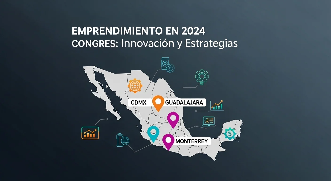 Mapa de México destacando los polos de innovación para startups como CDMX, Guadalajara y Monterrey, con íconos de tecnología y finanzas.