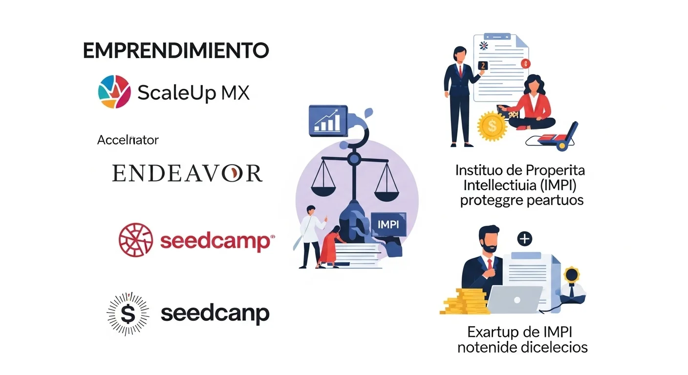 Infografía del ecosistema de startups en México, mostrando logos de aceleradoras, incubadoras y aspectos legales como el IMPI.