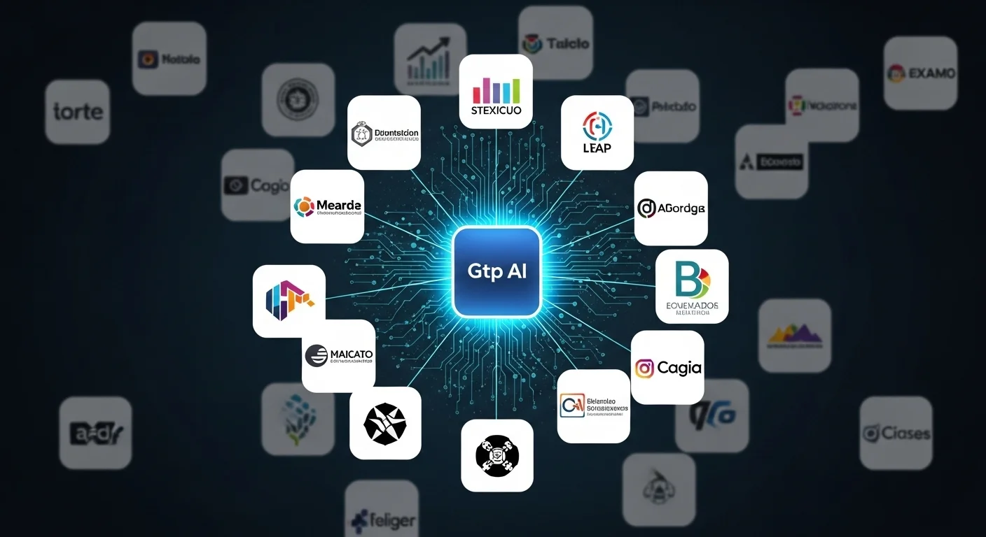 Collage de logos de startups mexicanas, aceleradoras e incubadoras, con un nodo central brillante que simboliza la tecnología Gtp y la inteligencia artificial.