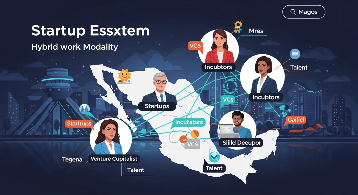 Mapa conceptual mostrando la interconexión entre startups, incubadoras, VCs y talento en México, facilitada por la modalidad de trabajo híbrido.