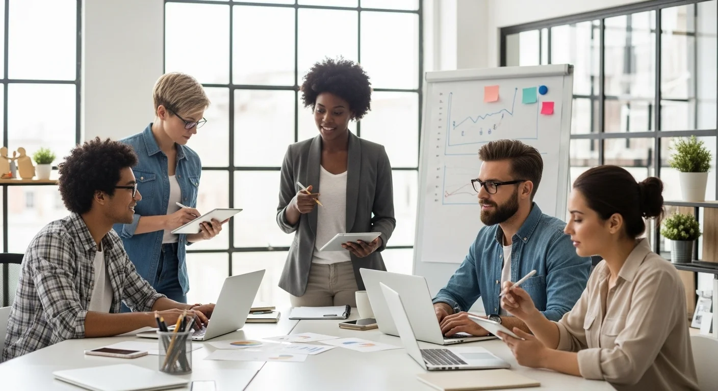 Un grupo diverso de emprendedores colaborando en un espacio de coworking, representando el ecosistema de startups en México.