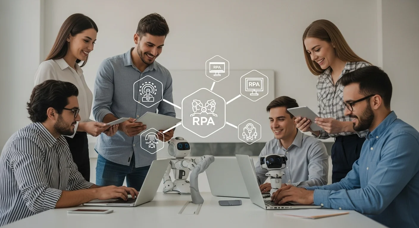 Imagen que muestra a un grupo de emprendedores colaborando en una oficina moderna, con íconos de RPA y tecnología superpuestos.