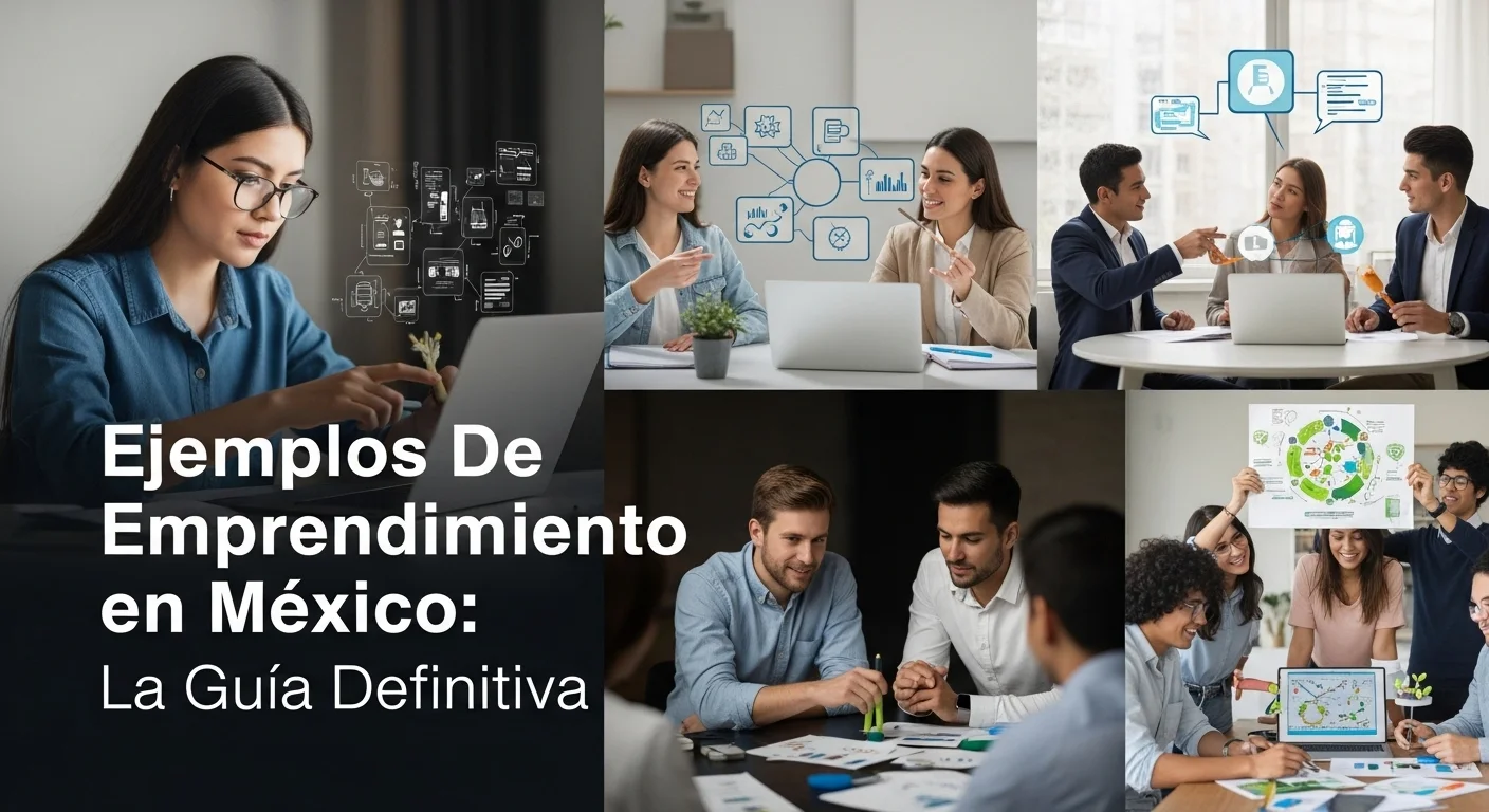 Collage de imágenes que representa diversos ejemplos de emprendimiento en México, incluyendo tecnología, startups fintech y proyectos sociales.