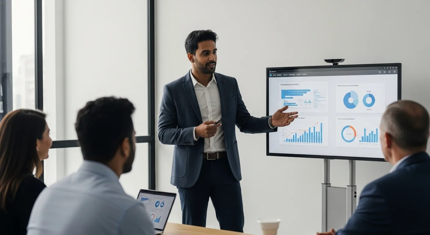 Un emprendedor corporativo presenta un nuevo proyecto de startup interna a directivos de la empresa.