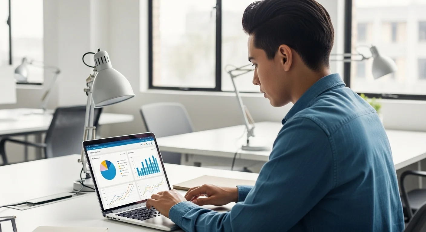 Emprendedor mexicano analizando gráficos de crecimiento en su laptop, simbolizando la transición de la necesidad urgente de ganar dinero a la planificación estratégica de una startup.
