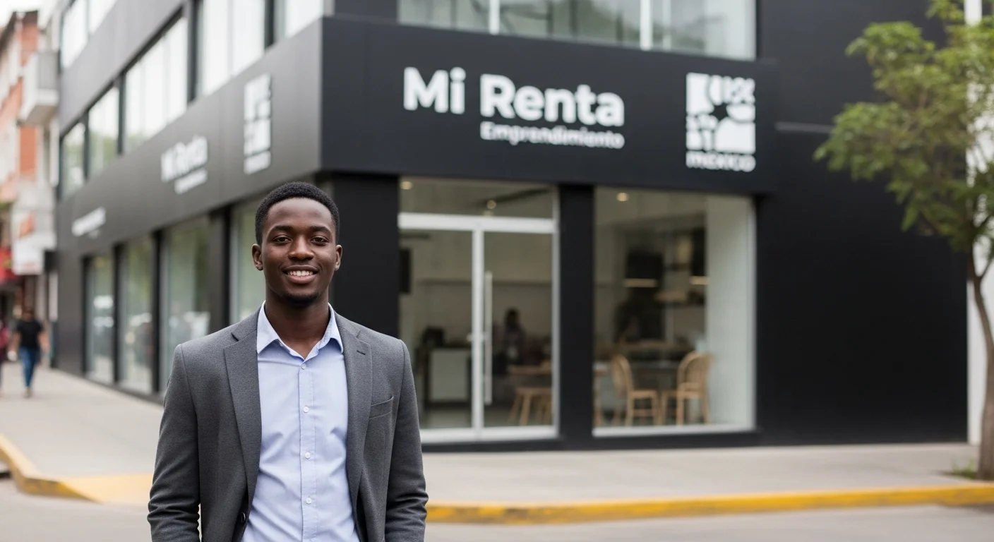 Joven emprendedor sonriendo frente a la fachada de su nuevo negocio, representando el éxito de encontrar locales en renta y la gestión de Mi Renta.