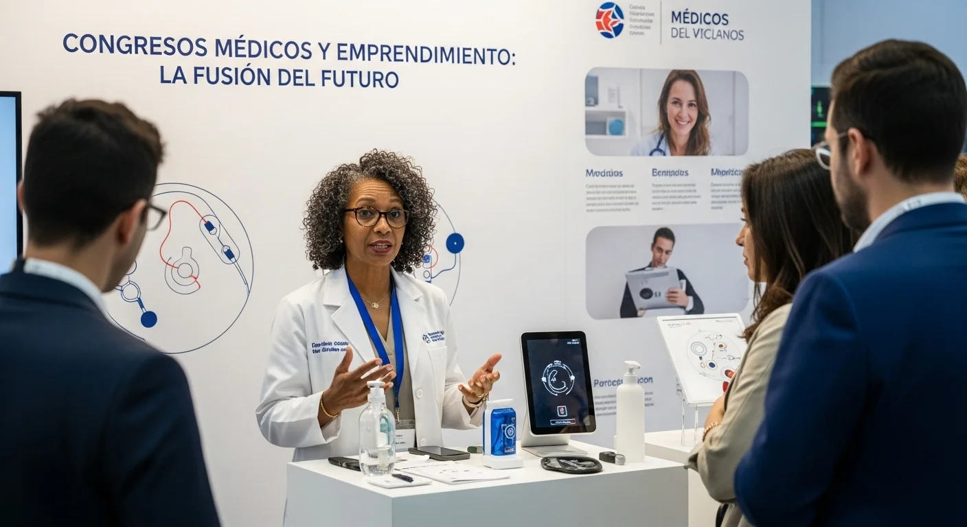 Médico emprendedor presentando una startup tecnológica en un stand durante un congreso médico.